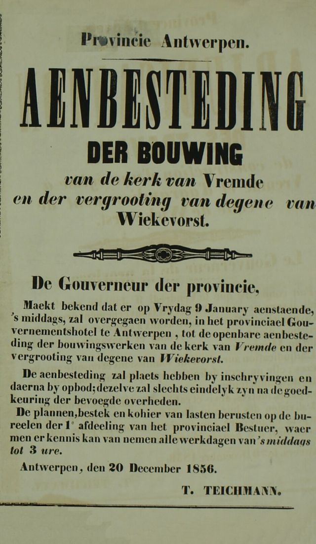 Affiche van de Provincie Antwerpen uit 1856: aanbesteding van de bouw van de kerk van Vremde.